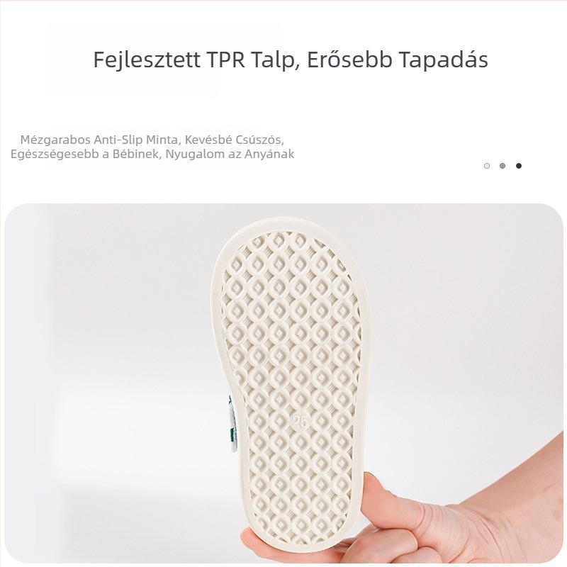Gyerekeknek készült vászoncipő Velcro-s záródással, alacsony felső rész, gumírozott talp, beltéri használatra, tavasz–ősz