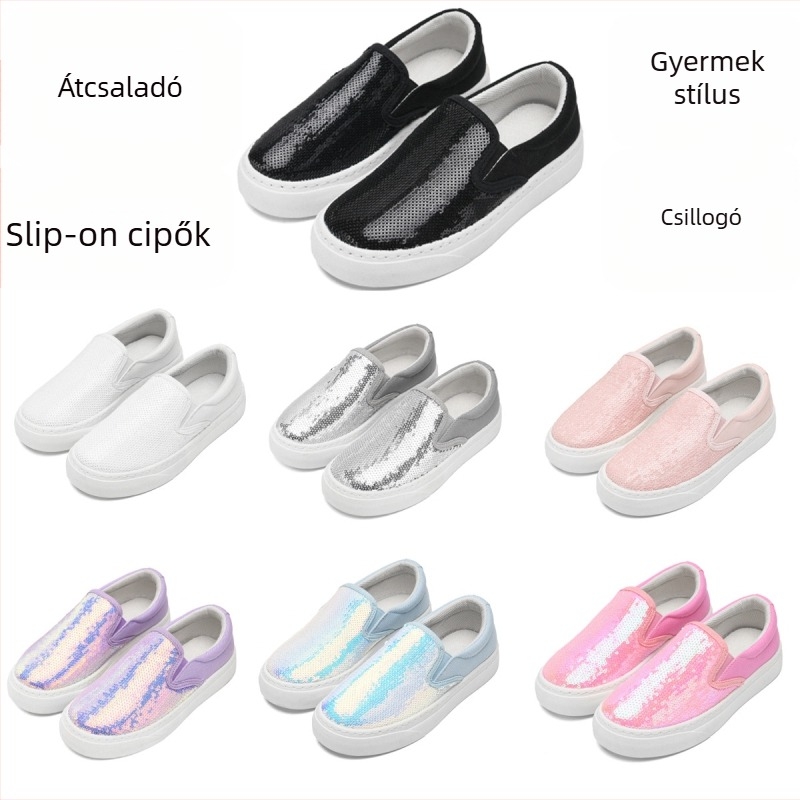 Gyerekeknek készült vászoncipő flitterekkel, Slip-On, uniszex, gumitalp, hálós belső, PU talpbetét