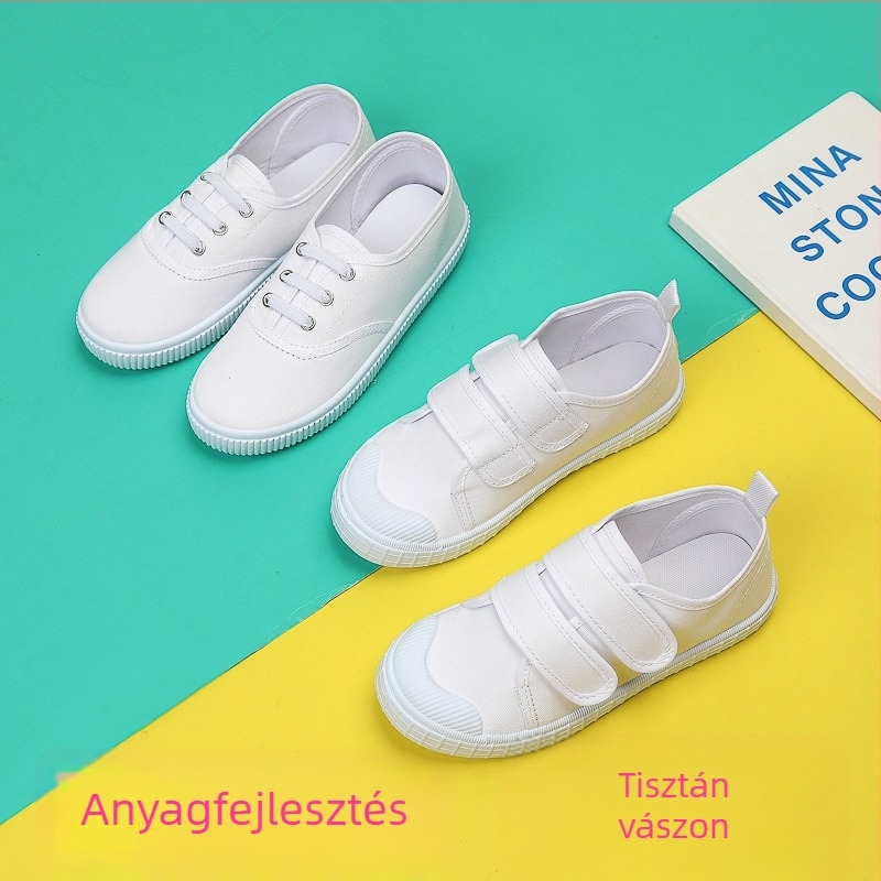 Fehér vászon gyerekcipő, uniszex, alacsony profilú, iskolai cipő Velcro vagy fűzőzárral