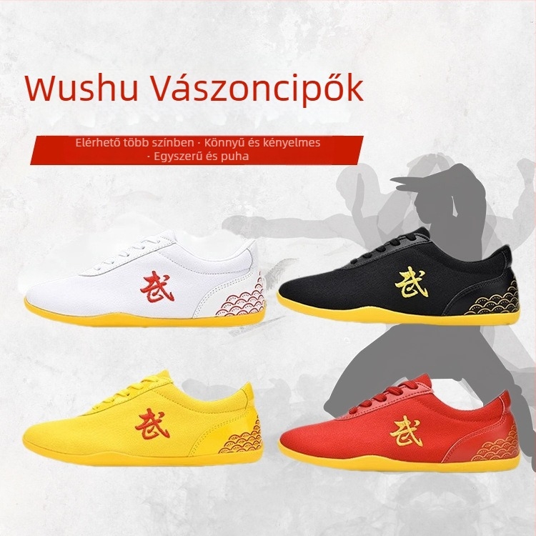 Harcművészeti edzőcipő – vászon felsőrész, alacsony bokavonal, elöl fűzőzár, könnyű felépítés, talp marhacsontból