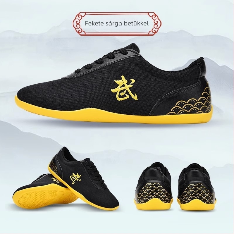 Harcművészeti edzőcipő – vászon felsőrész, alacsony bokavonal, elöl fűzőzár, könnyű felépítés, talp marhacsontból