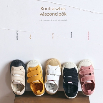 Gyerek vászoncipő Velcro-zárással, koreai stílus, alacsony felső rész, vászon felsőrész, műanyag talp — légáteresztő, csúszásmentes, kopásálló