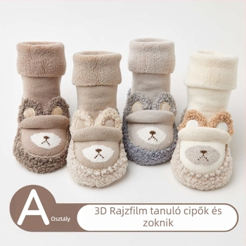 Uniszex bébi zoknis cipő beltéri használatra fleece bélés, csúszásmentes talp, magas felső, rajzfilm minta, 12–36 hónap