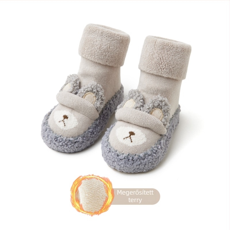 Uniszex bébi zoknis cipő beltéri használatra fleece bélés, csúszásmentes talp, magas felső, rajzfilm minta, 12–36 hónap