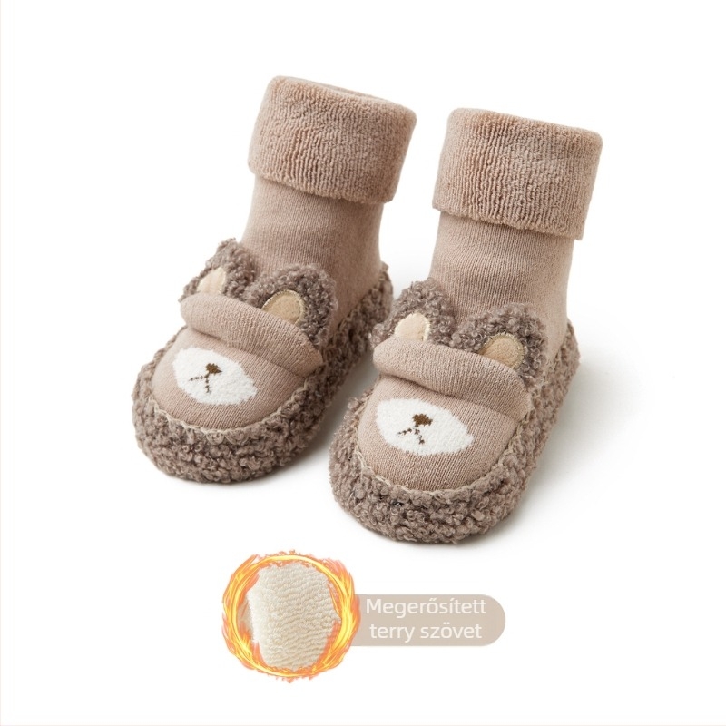 Uniszex bébi zoknis cipő beltéri használatra fleece bélés, csúszásmentes talp, magas felső, rajzfilm minta, 12–36 hónap