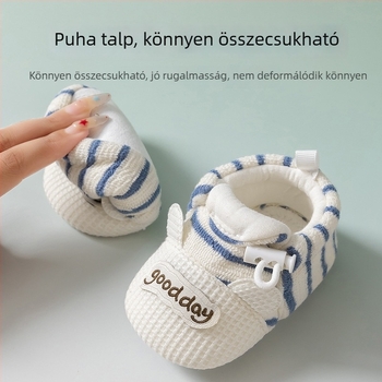 Lágy talpú babacipő tavasz–őszre, uniszex, 0–12 hónapos korosztálynak, lélegző textilből.