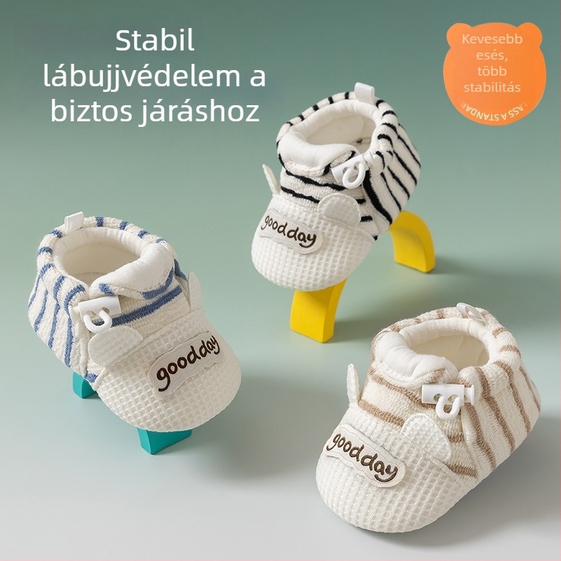 Lágy talpú babacipő tavasz–őszre, uniszex, 0–12 hónapos korosztálynak, lélegző textilből.