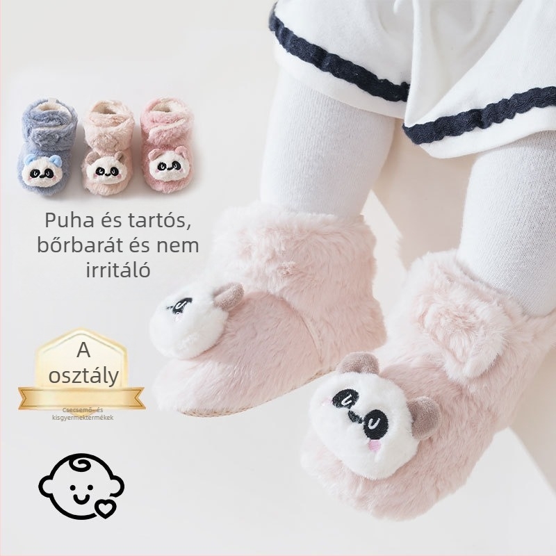Baba beltéri csúszásmentes cipő puha plüss felsőrésszel, meleg és vastag, Panda rajz, Velcro-zár, 6–12 hónap, uniszex