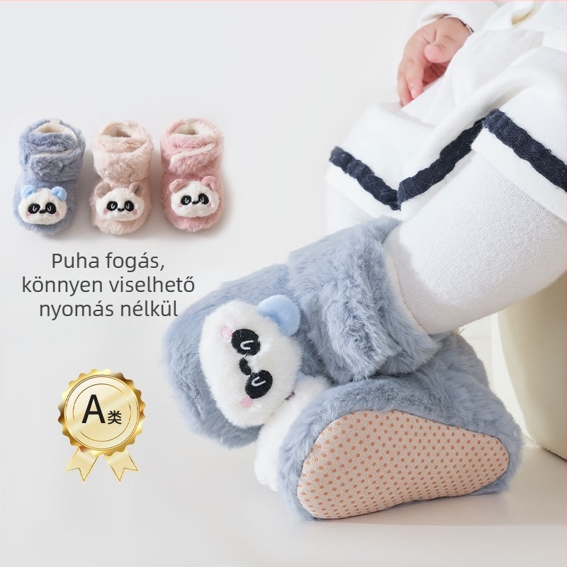 Baba beltéri csúszásmentes cipő puha plüss felsőrésszel, meleg és vastag, Panda rajz, Velcro-zár, 6–12 hónap, uniszex