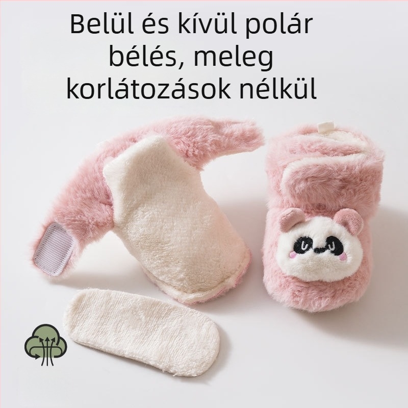 Baba beltéri csúszásmentes cipő puha plüss felsőrésszel, meleg és vastag, Panda rajz, Velcro-zár, 6–12 hónap, uniszex