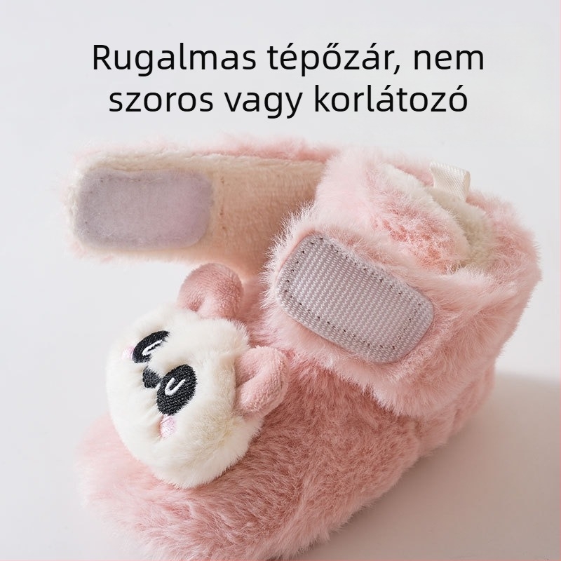 Baba beltéri csúszásmentes cipő puha plüss felsőrésszel, meleg és vastag, Panda rajz, Velcro-zár, 6–12 hónap, uniszex