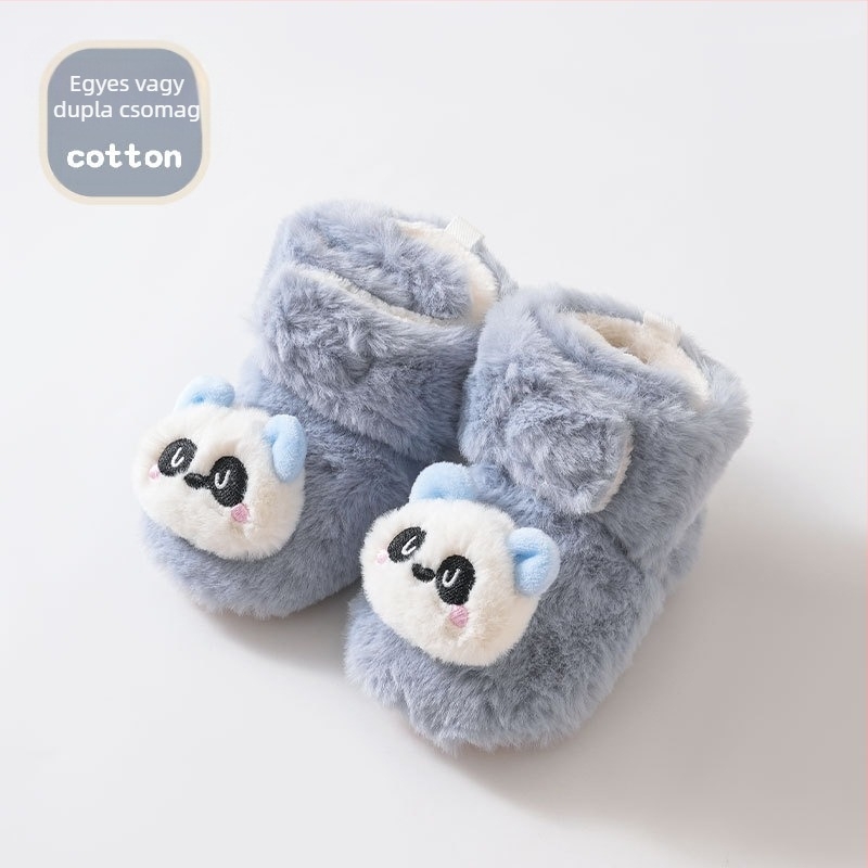 Baba beltéri csúszásmentes cipő puha plüss felsőrésszel, meleg és vastag, Panda rajz, Velcro-zár, 6–12 hónap, uniszex