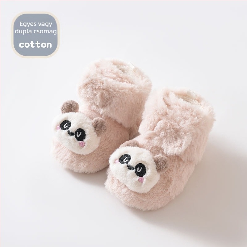Baba beltéri csúszásmentes cipő puha plüss felsőrésszel, meleg és vastag, Panda rajz, Velcro-zár, 6–12 hónap, uniszex