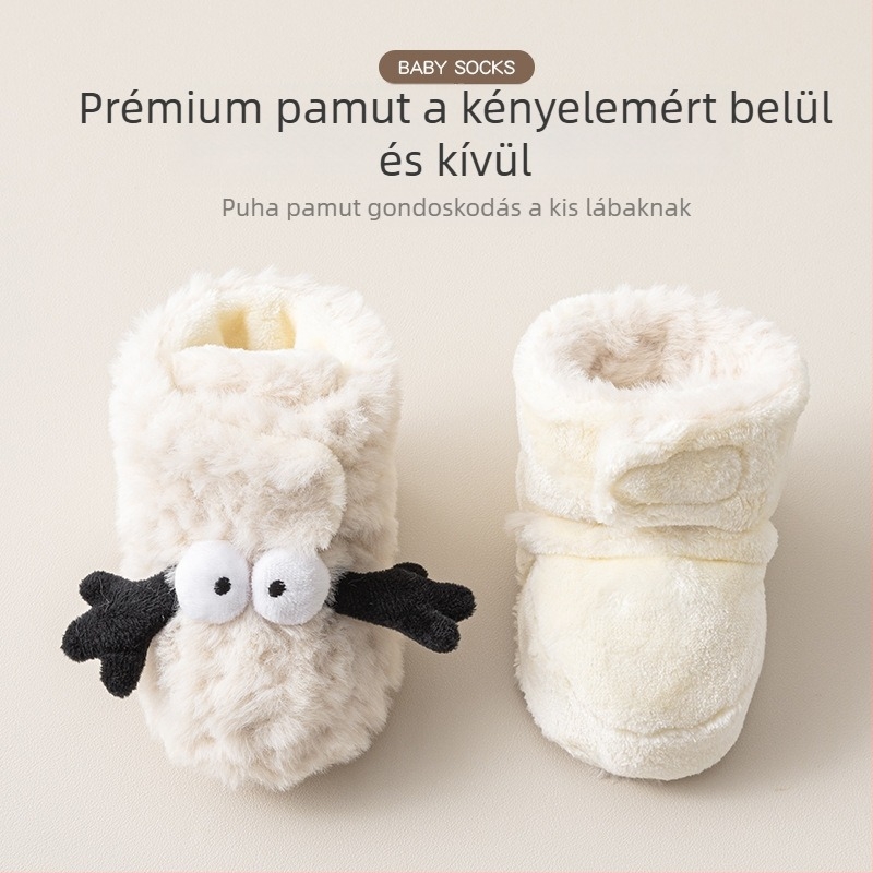 Téli vastagított meleg bébi járócipő puha talppal, csúszásmentes, aranyos mesefigurás cipő és zokni