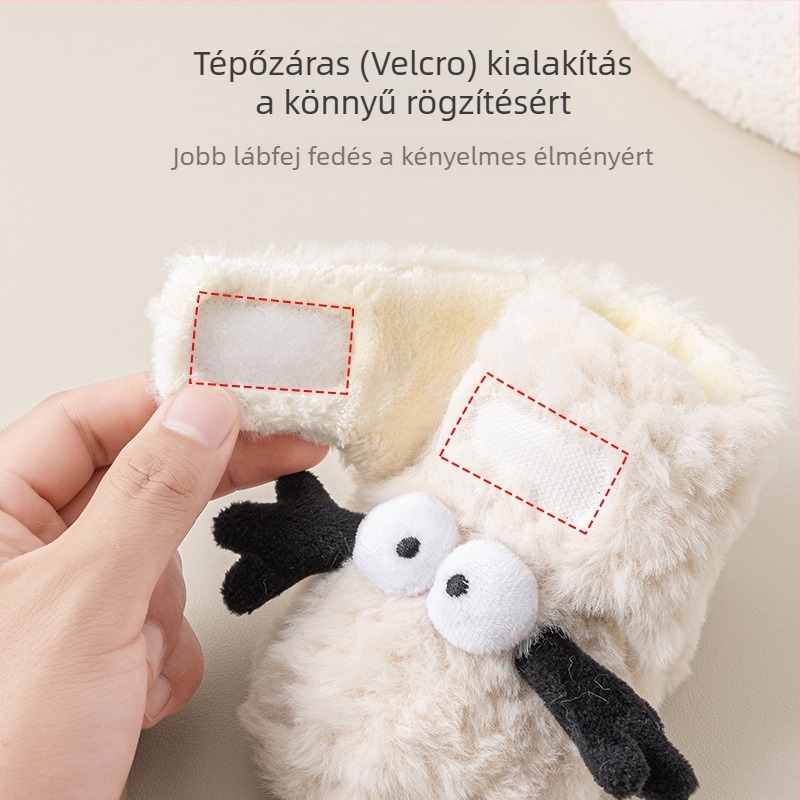 Téli vastagított meleg bébi járócipő puha talppal, csúszásmentes, aranyos mesefigurás cipő és zokni