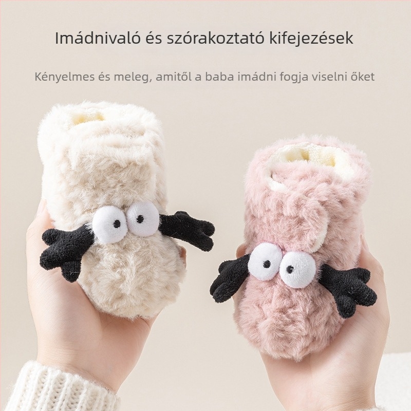 Téli vastagított meleg bébi járócipő puha talppal, csúszásmentes, aranyos mesefigurás cipő és zokni