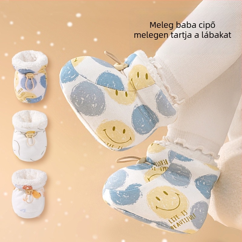 Őszi–téli bébi cipő meleg béléssel, 0–12 hónapos baba számára, puha talppal járócipő, meleg pamut papucs és vastag zoknik