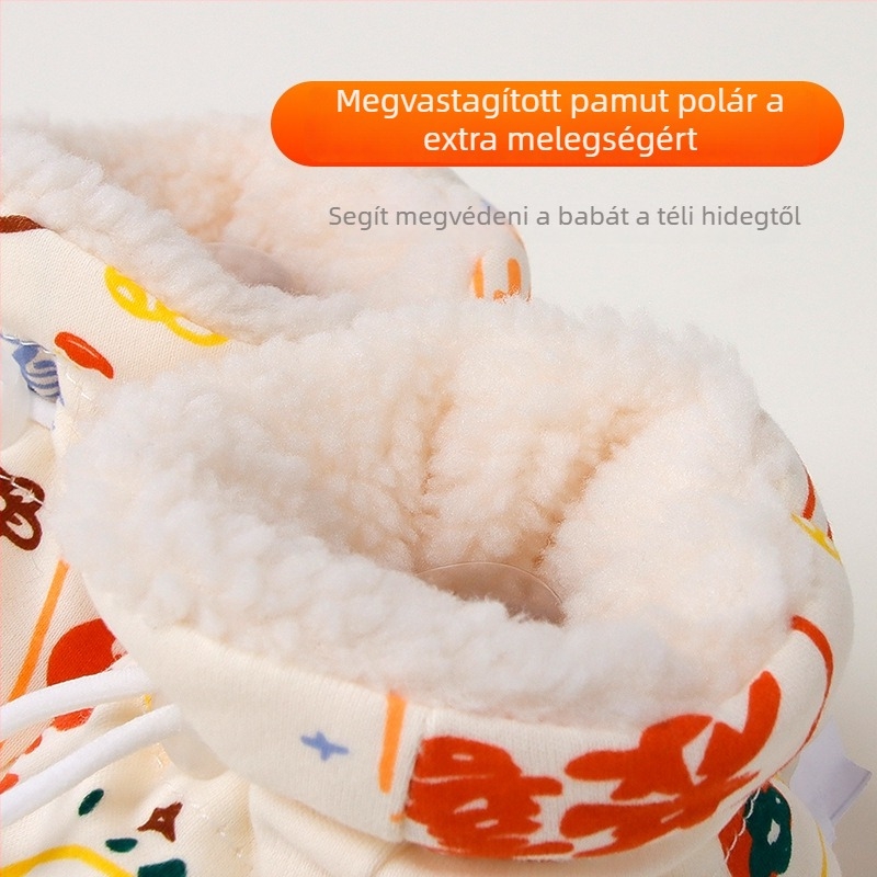 Újszülött pamutcipő téli fleece béléssel, vastag, puha talppal, csúszásmentes kialakítás a járás tanulásához, gyerekcipő és zokni karikatúra mintával