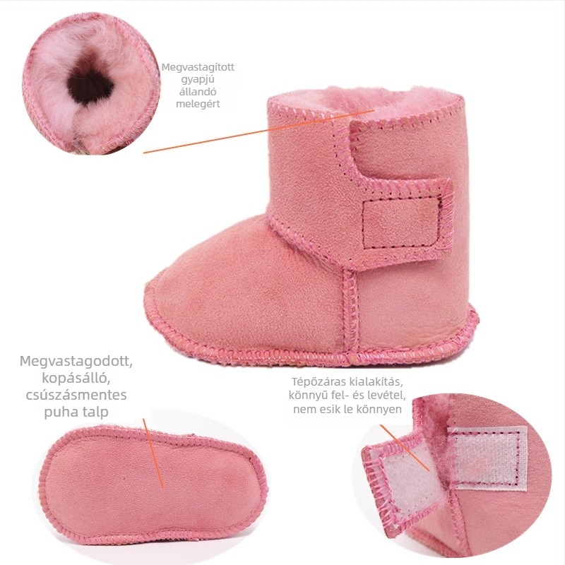 Kisgyermek cipő juhbőr felsővel, légáteresztő, meleg, csúszásmentes talp, Velcro-zár