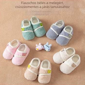 Baba beltéri cipő – vastagított őszi-téli szezonhoz, Velcro-zárás, rajzfilm minta, légáteresztő, vízálló, csúszásmentes, 12–36 hónaposak