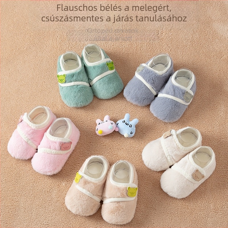 Baba beltéri cipő – vastagított őszi-téli szezonhoz, Velcro-zárás, rajzfilm minta, légáteresztő, vízálló, csúszásmentes, 12–36 hónaposak
