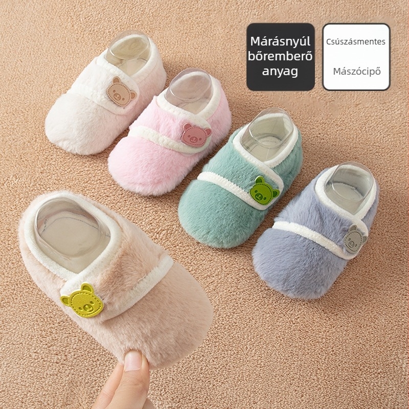 Baba beltéri cipő – vastagított őszi-téli szezonhoz, Velcro-zárás, rajzfilm minta, légáteresztő, vízálló, csúszásmentes, 12–36 hónaposak