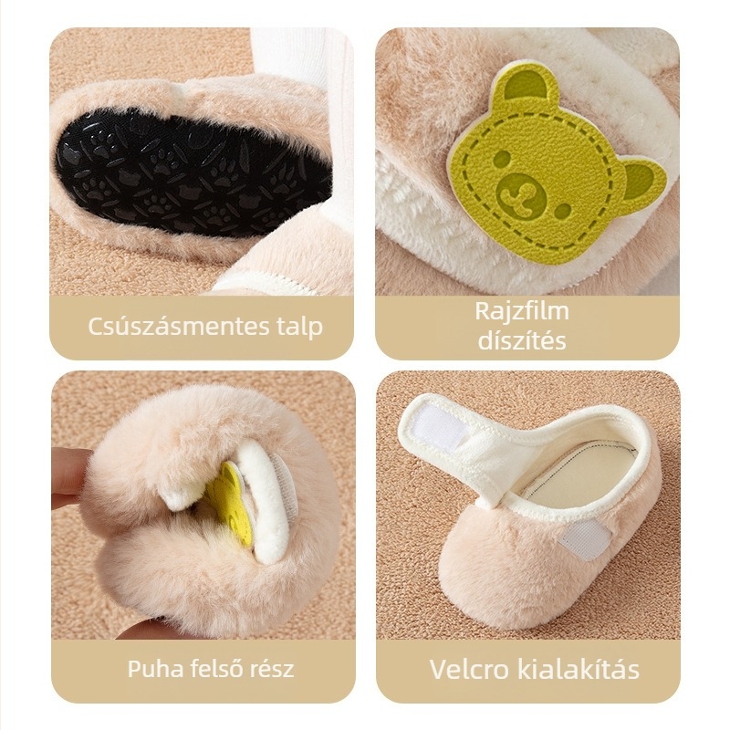 Baba beltéri cipő – vastagított őszi-téli szezonhoz, Velcro-zárás, rajzfilm minta, légáteresztő, vízálló, csúszásmentes, 12–36 hónaposak