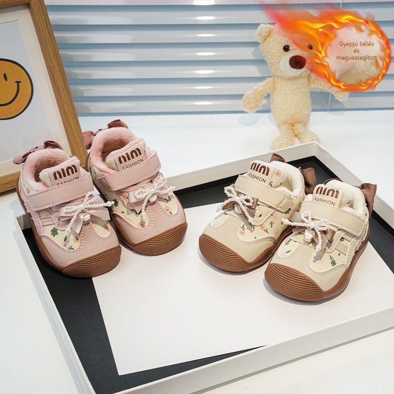 Téli babacipő lányoknak, 0–3 év — masni, hercegnő stílus, meleg, csúszásmentes talppal, Velcro záródás