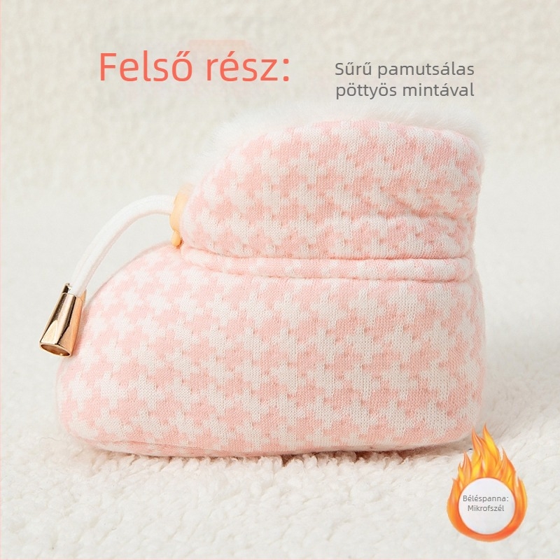 Téli babacipő puha talppal, pamutból készült felsőrésszel, fleece béléssel és vastagított kivitelezéssel, 0–6–12 hónap