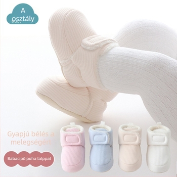 Egyszínű téli vastagított baba járócipő beltéri használatra, meleg, csúszásmentes talppal, Velcro-zárás