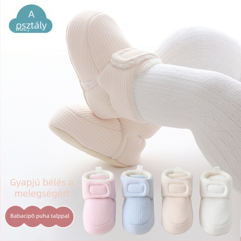 Egyszínű téli vastagított baba járócipő beltéri használatra, meleg, csúszásmentes talppal, Velcro-zárás