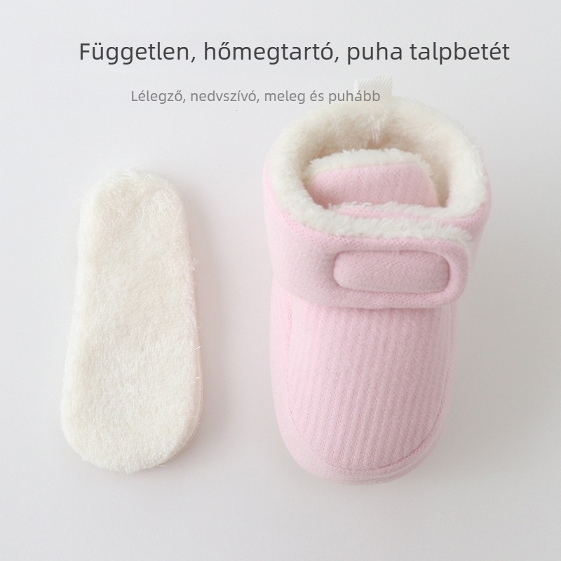 Egyszínű téli vastagított baba járócipő beltéri használatra, meleg, csúszásmentes talppal, Velcro-zárás