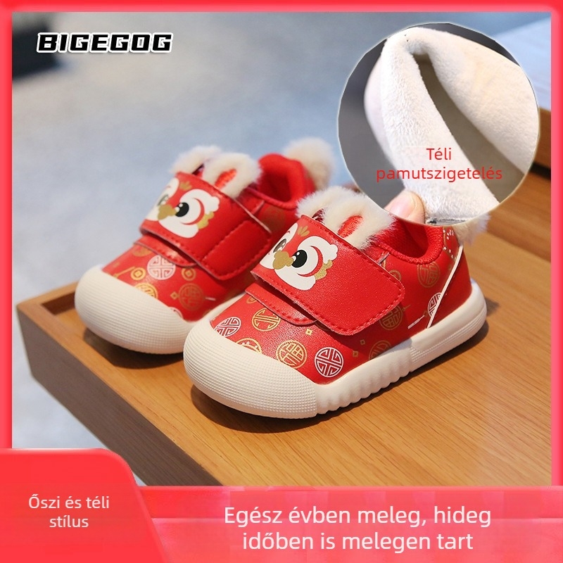 Baba és kisgyermek cipők tigris fej dizájnnal, Velcro-zárás, felsőrész mikrohbőr, bélés velúr, csúszásmentes, kopásálló, melegen tart, 12–36 és 24–48 hónapos korosztálynak, őszi-téli