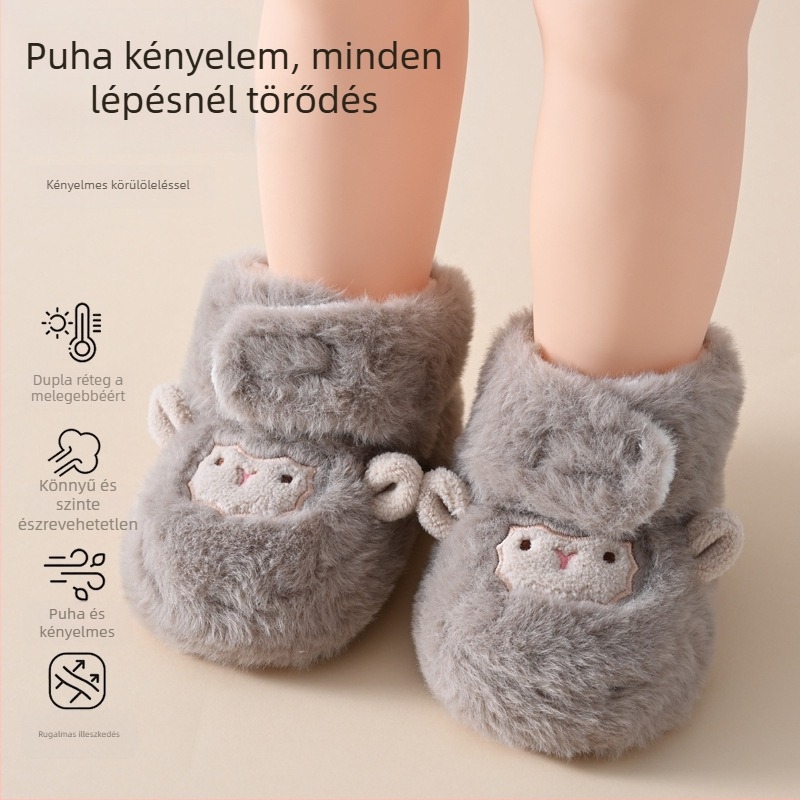 Textil cipő csecsemőknek és kisgyermekeknek, PVC felső rész, csúszásmentes talp, melegen tartja a lábakat, elasztikus zárás