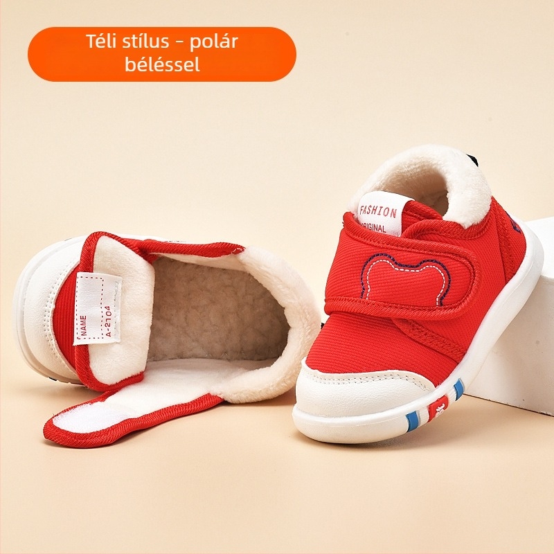 Uniszex pamut babacipő meleg fleece bélés, vastag puha talp, Velcro zárás, 0-3 éveseknek