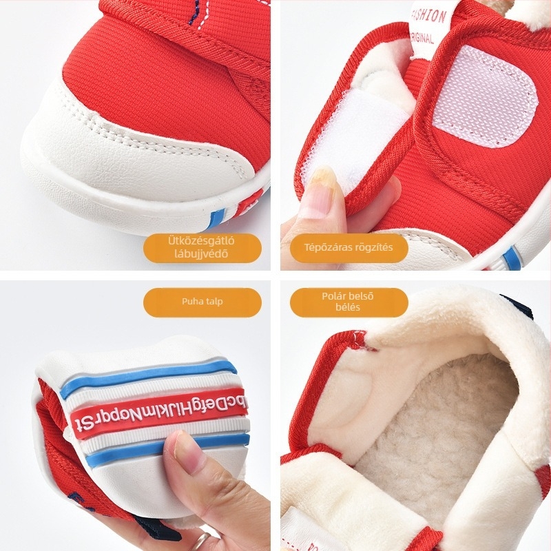 Uniszex pamut babacipő meleg fleece bélés, vastag puha talp, Velcro zárás, 0-3 éveseknek
