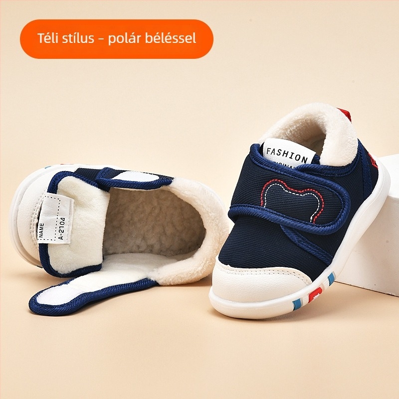Uniszex pamut babacipő meleg fleece bélés, vastag puha talp, Velcro zárás, 0-3 éveseknek
