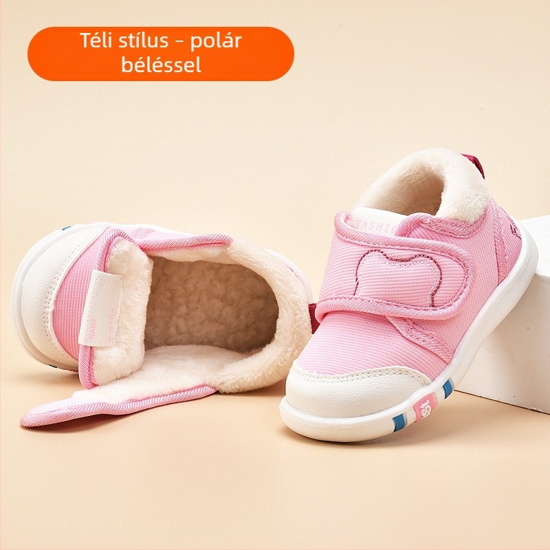 Uniszex pamut babacipő meleg fleece bélés, vastag puha talp, Velcro zárás, 0-3 éveseknek
