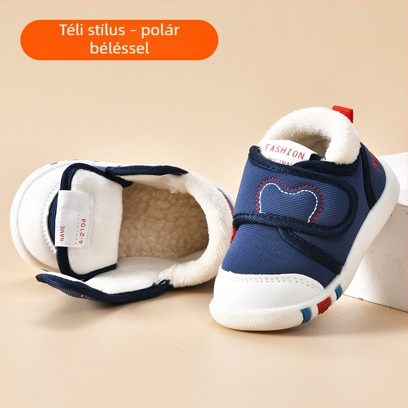 Uniszex pamut babacipő meleg fleece bélés, vastag puha talp, Velcro zárás, 0-3 éveseknek