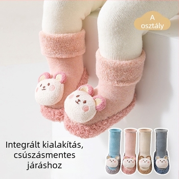 Baba járócipő puha talppal és zoknival – téli, karikatúra mintás, csúszásmentes, uniszex, 12–36 hónapos