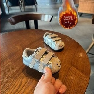 Fiú babacipő puha talppal, téli kiegészítő, alacsony felsőrész Velcro-zár, Shell Toe stílusú, rajzfilm figurás mosolygó arc, koreai stílus, 12–36 hónap