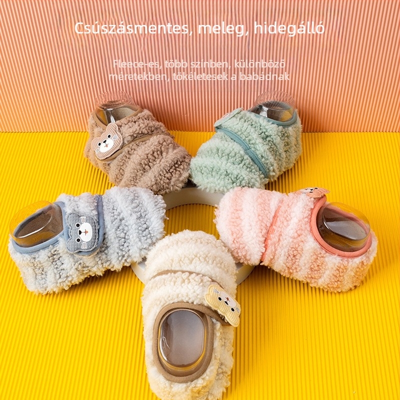 Baba beltéri cipő Velcro záródással, fleece bélés, meleg, csúszásmentes puha talppal, 12–36 hónapos korosztálynak