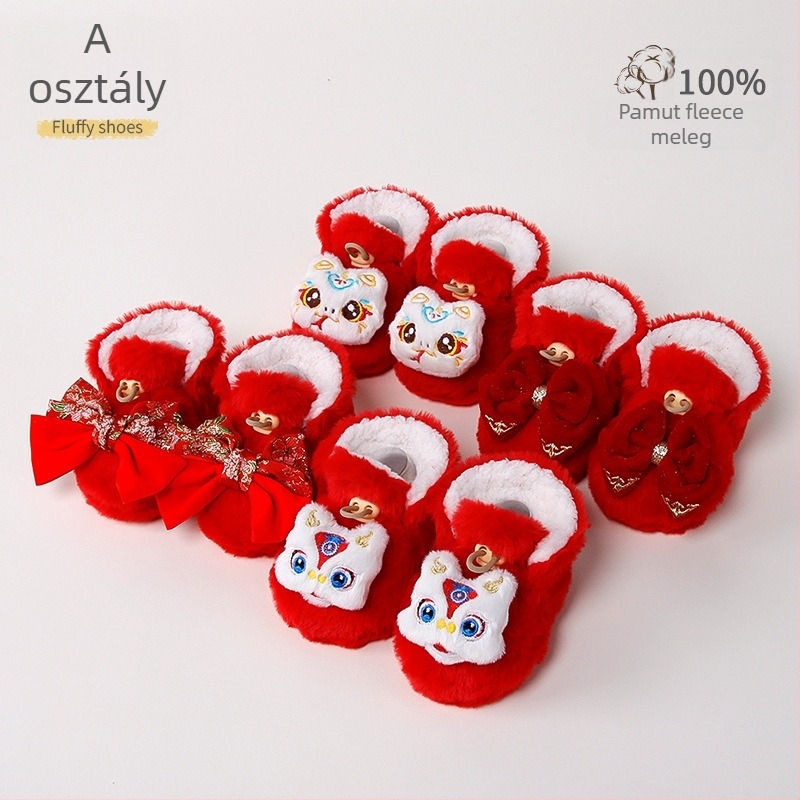 Baba melegen bélelt beltéri cipő műnyúlszőrrel, rajzolt minta, 12–36 hónap, tél, csatokkal záródó