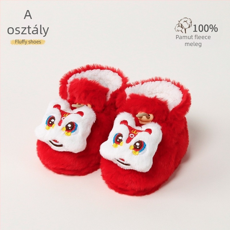 Baba melegen bélelt beltéri cipő műnyúlszőrrel, rajzolt minta, 12–36 hónap, tél, csatokkal záródó