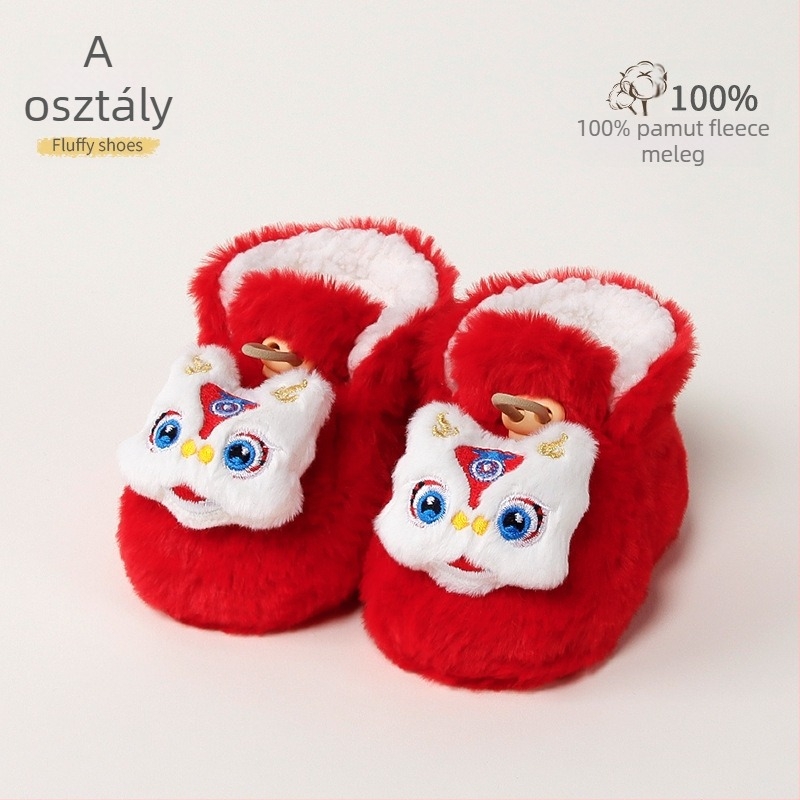 Baba melegen bélelt beltéri cipő műnyúlszőrrel, rajzolt minta, 12–36 hónap, tél, csatokkal záródó