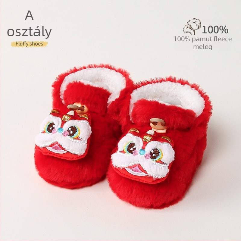 Baba melegen bélelt beltéri cipő műnyúlszőrrel, rajzolt minta, 12–36 hónap, tél, csatokkal záródó