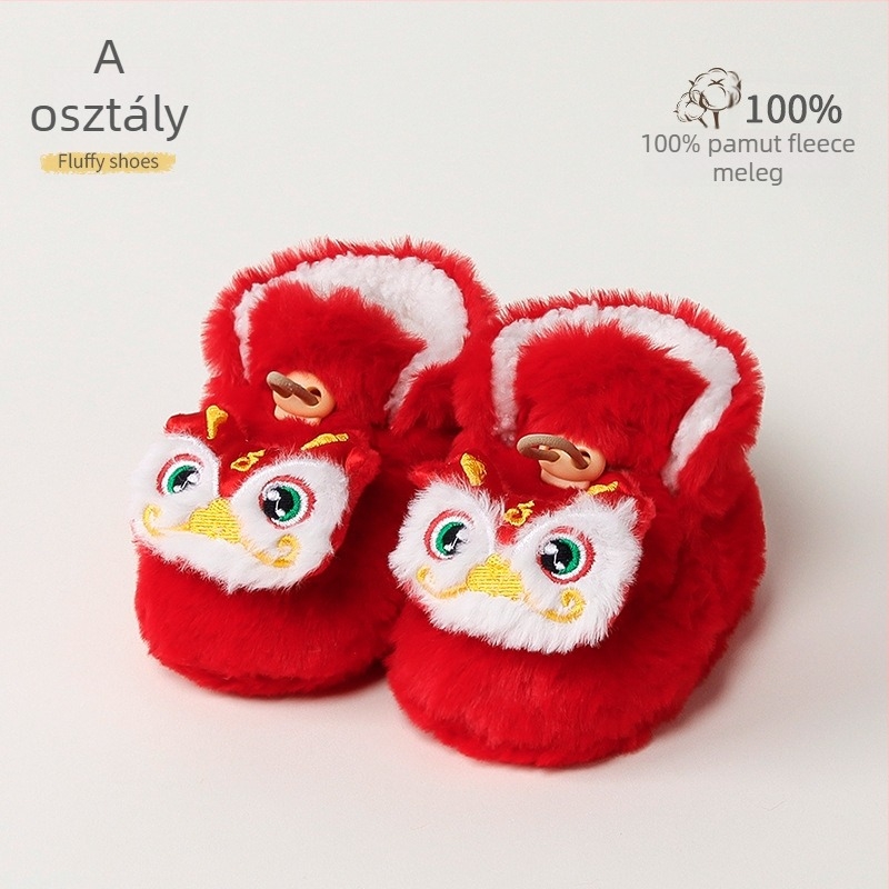 Baba melegen bélelt beltéri cipő műnyúlszőrrel, rajzolt minta, 12–36 hónap, tél, csatokkal záródó