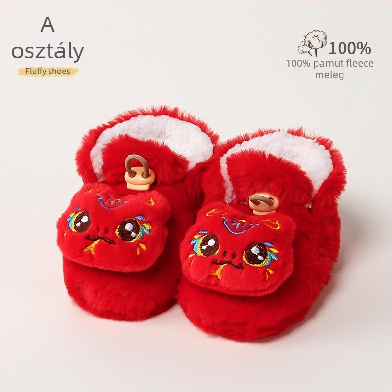 Baba melegen bélelt beltéri cipő műnyúlszőrrel, rajzolt minta, 12–36 hónap, tél, csatokkal záródó