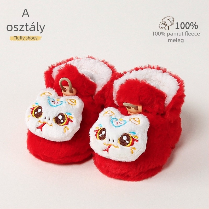 Baba melegen bélelt beltéri cipő műnyúlszőrrel, rajzolt minta, 12–36 hónap, tél, csatokkal záródó