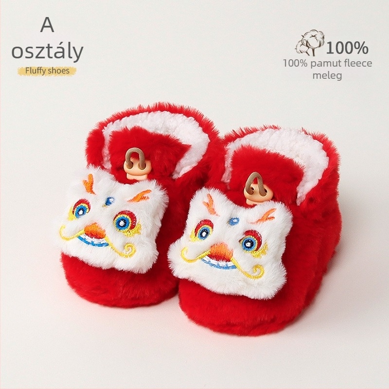Baba melegen bélelt beltéri cipő műnyúlszőrrel, rajzolt minta, 12–36 hónap, tél, csatokkal záródó